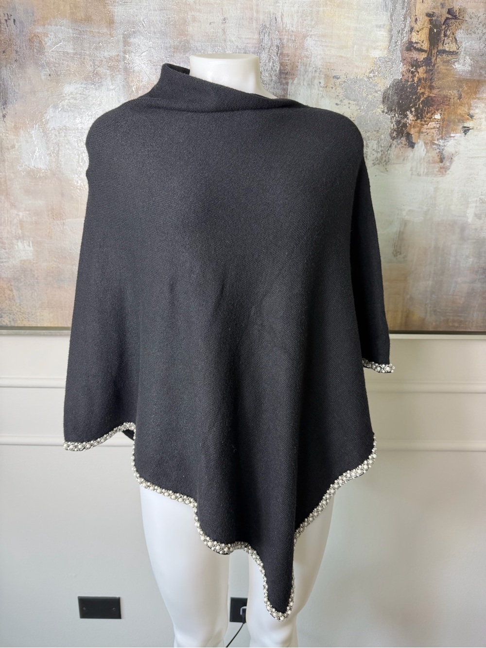 Ming Wang woman’s Black Beaded Trim Women's Poncho Sweater ONE SIZE